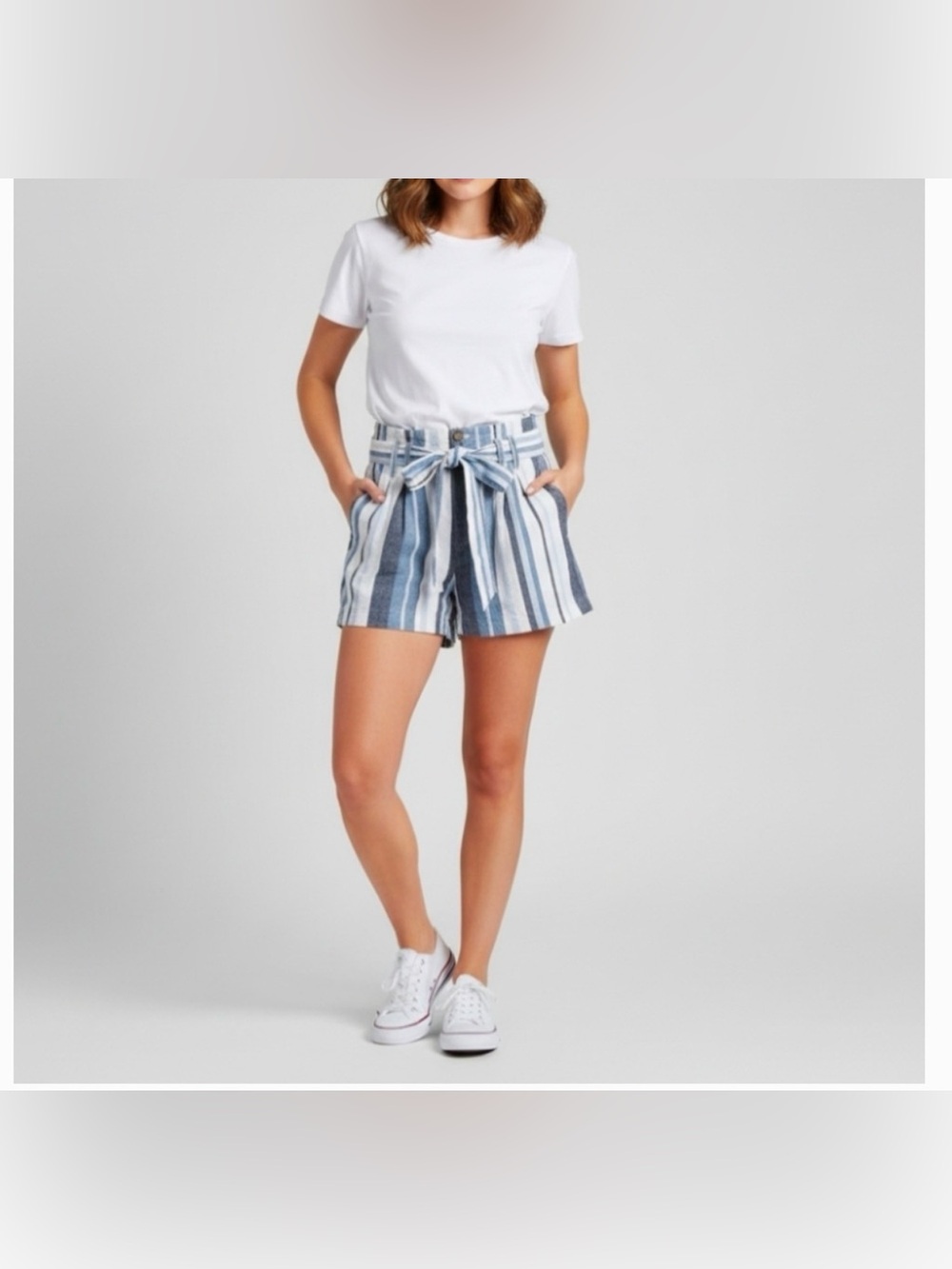 Abercrombie & Fitch Linen Blend Paperbag Waist Striped Shorts XXS Blue White